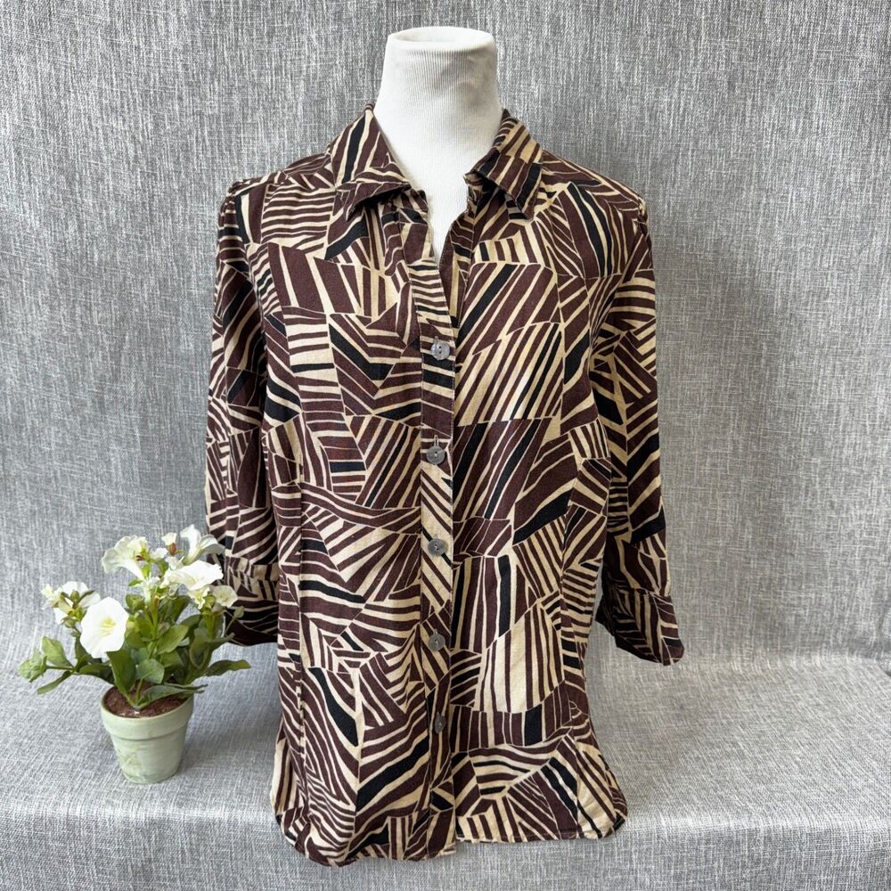 East 5th Blouse 2X Plus Linen Blend Geometric Brown Tan Button Up 3/4 Sleeve Top